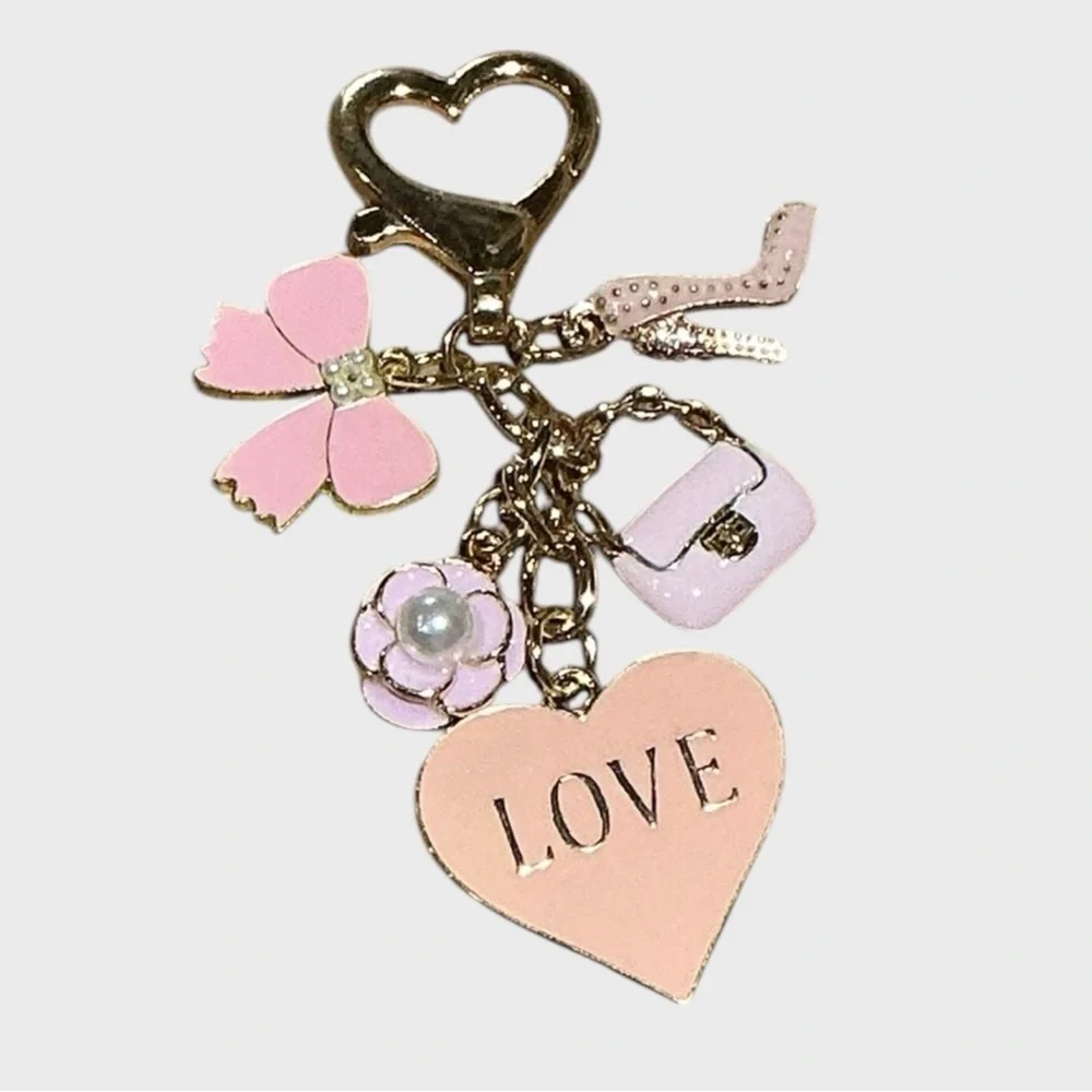 Bag Charm Keychain Pink Heart Love Bow Flower Handbag Accessory Purse